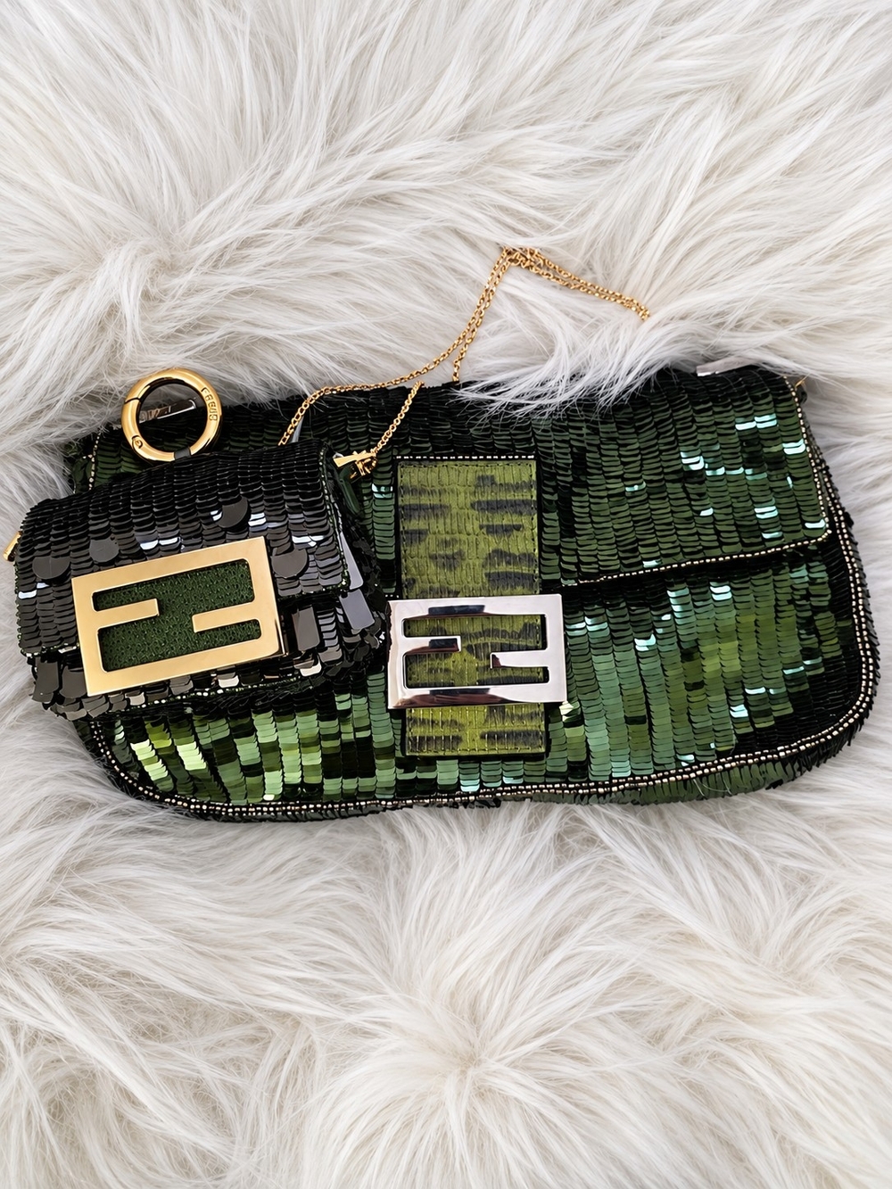 Fendi Nano Baguette Sequin Charm Mini Bag Avocado Color